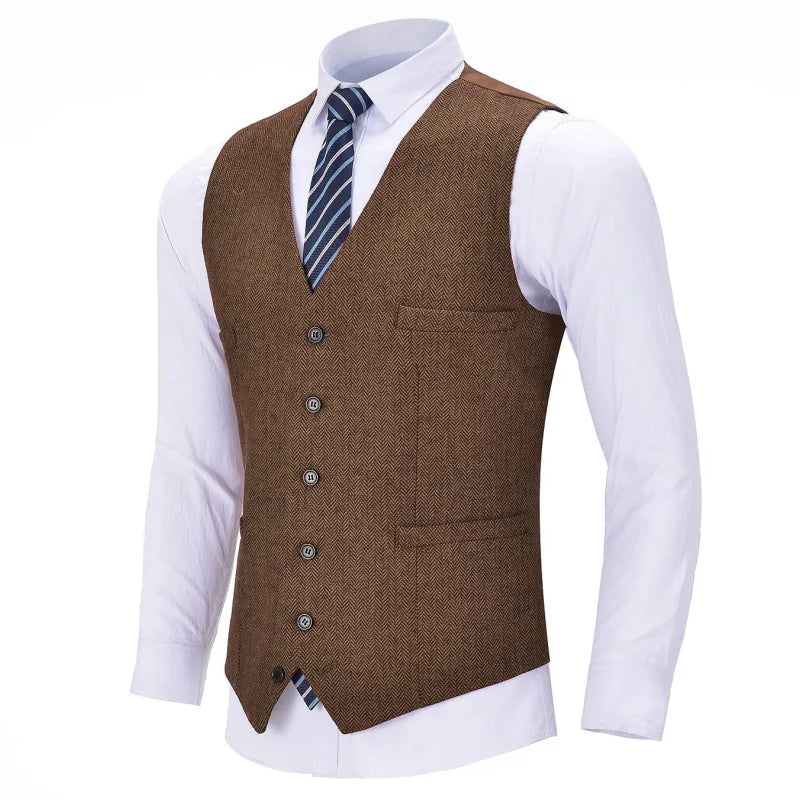 Men Vest Red Solid V Neck Herringbone Waistcoat For Wedding Business Birthday Banquet Work Set Men Suit Vest