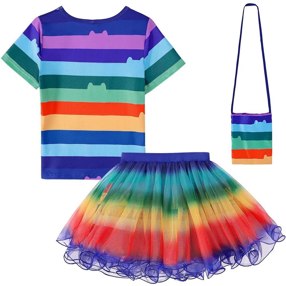 Girls Rainbow Striped T-Shirt Tutu Skirt With Cat Ears Headband Set Halloween Carnival Cosplay Costume Kids Birthday Clothing
