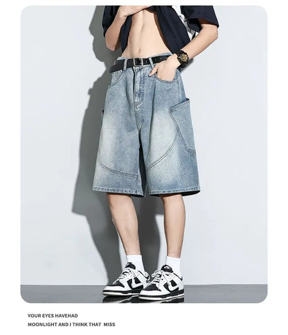 Summer New Baggy Denim Shorts Fashion Casual Straight Harajuku Jeans Male Vintage Wash Drawstring Short Pants Streetwear