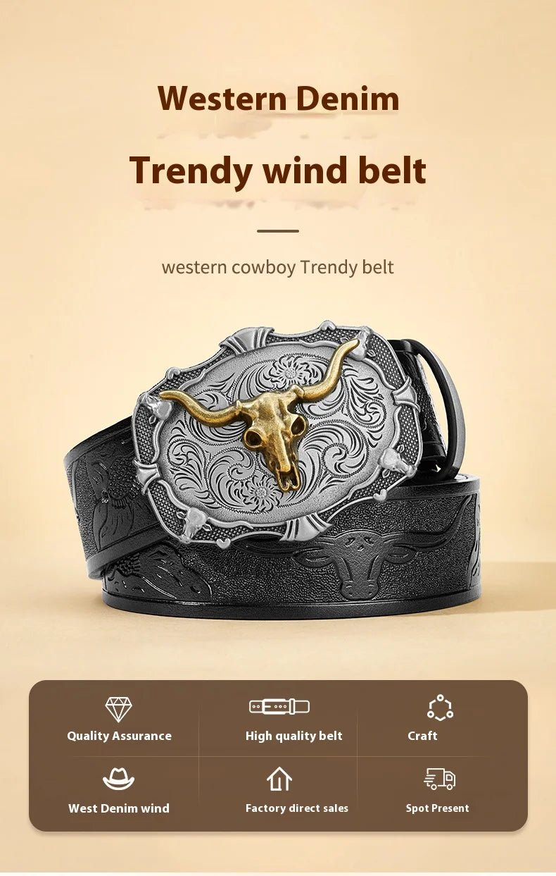 Western Cowboy PU Leather Belt - Men Waist Strap Bull Decoration Floral Engraved for Jeans