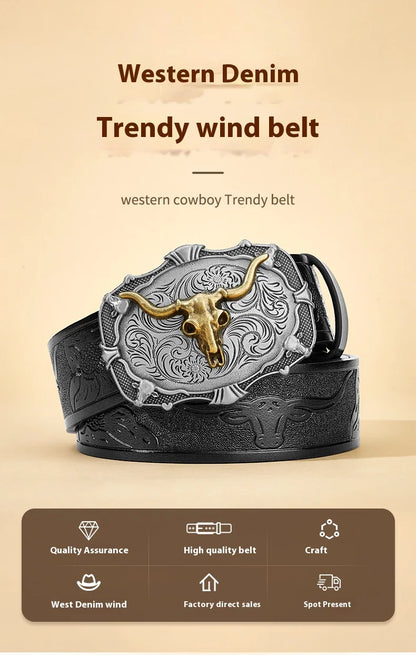 Western Cowboy PU Leather Belt - Men Waist Strap Bull Decoration Floral Engraved for Jeans