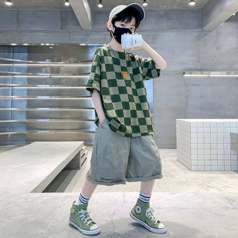 Boys 2 Piece Summer Set Child Clothes Outfits Pliad T-shirt Shorts Cotton Suit Teenager Kids Luxury Clothing Set Tracksuit 5-14Y