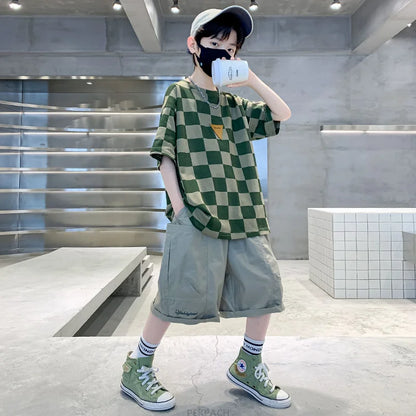 Boys 2 Piece Summer Set Child Clothes Outfits Pliad T-shirt Shorts Cotton Suit Teenager Kids Luxury Clothing Set Tracksuit 5-14Y