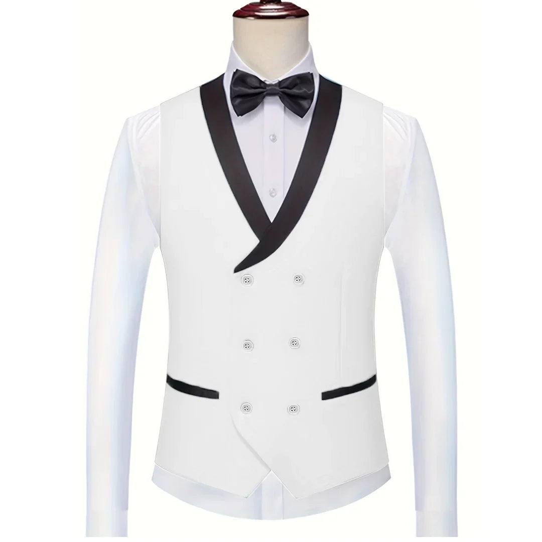 Men Vest White With Black Lapel Double Button Waistcoat For Wedding Birthday Banquet Party Business Work Daily Men Suit Vest