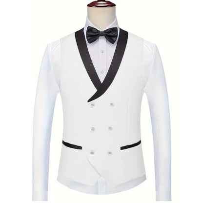 Men Vest White With Black Lapel Double Button Waistcoat For Wedding Birthday Banquet Party Business Work Daily Men Suit Vest