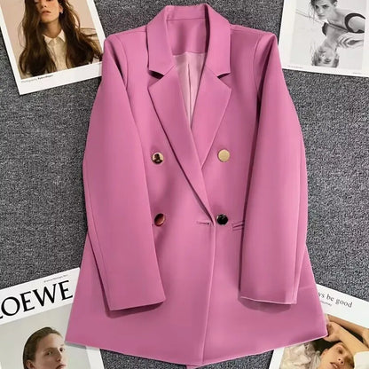 Casual Small Suit Jacket Women Fashion Loose Metal Double-Breasted Blazer Coat Korean Occupation Office Formal Lapel Blazers