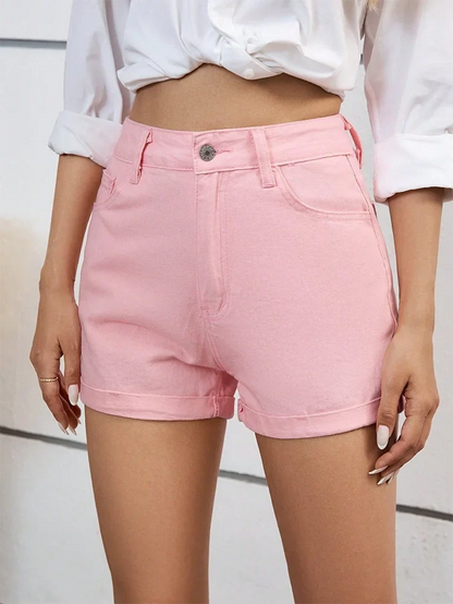 Zipper Fly Roll Up Hem Denim Shorts Women Fashion Summer High Waist Pockets Female Straight Leg Jean Shorts For Woman