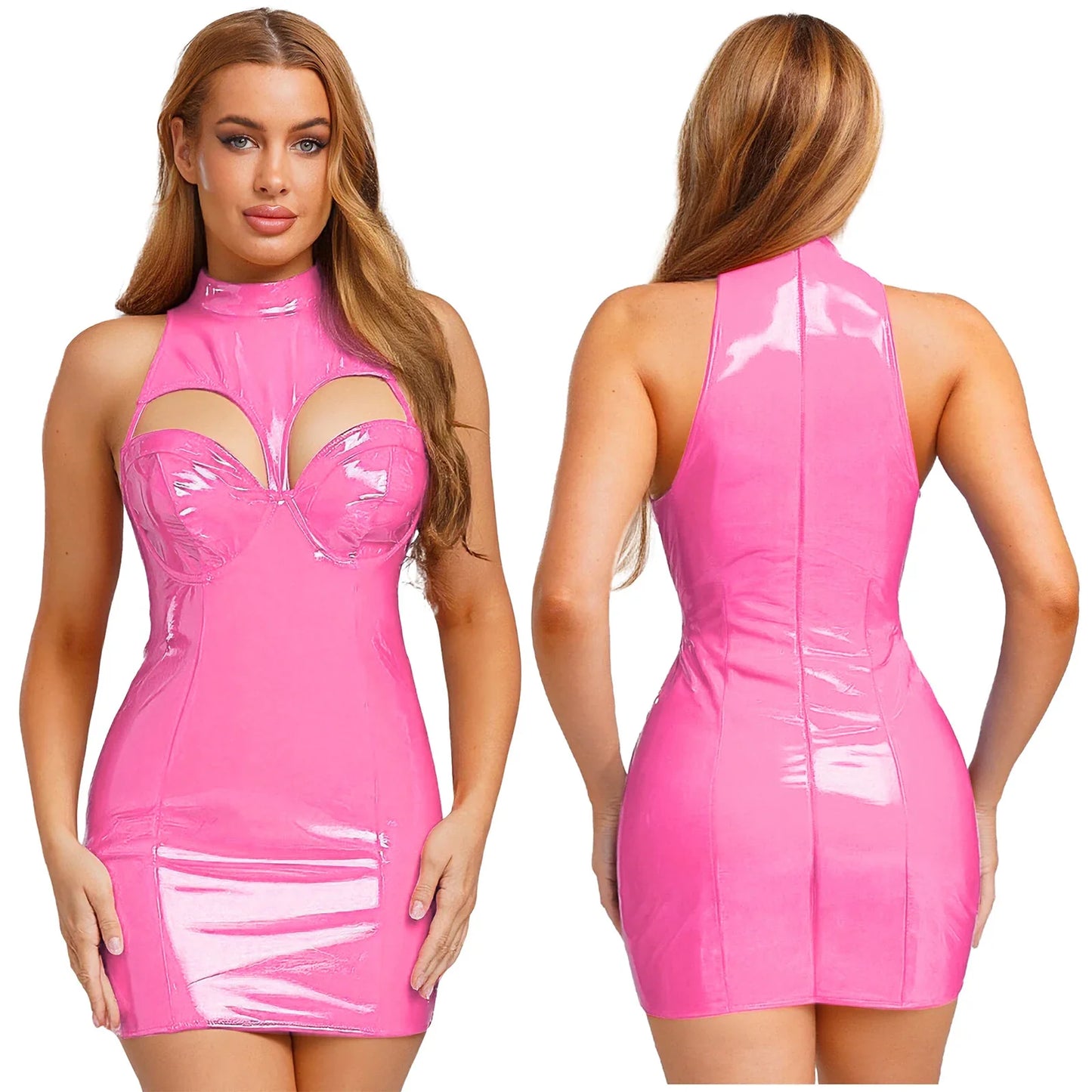 Womens Wet Look PU Leather Mini Dress Mock Neck Sleeveless Hollow-out Push-up Bra Bodycon Tube Dress Clubwear for Raves Party