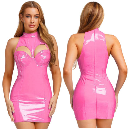 Womens Wet Look PU Leather Mini Dress Mock Neck Sleeveless Hollow-out Push-up Bra Bodycon Tube Dress Clubwear for Raves Party