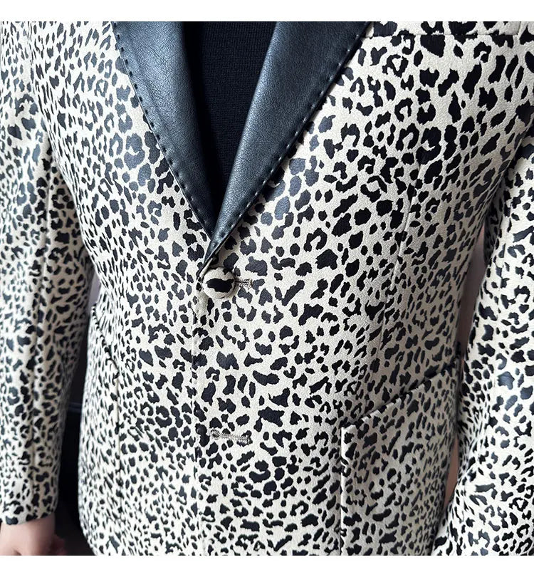 Splicing Leather Neck Casual Suit Jacket Fashion Leopard Men's Business Slim Fit Social Formal Blazers Wedding Groom Tuxedos