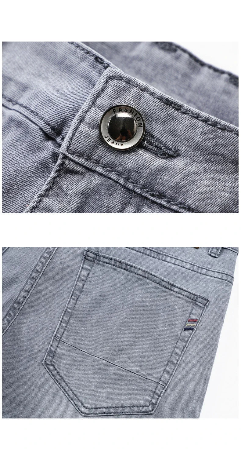 Summer Brand Men's Fit Straight Lightweight Cotton Stretch Jeans Business Casual High Waist Thin Light Grey Jeans mens pants