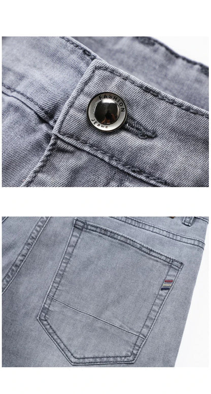 Summer Brand Men's Fit Straight Lightweight Cotton Stretch Jeans Business Casual High Waist Thin Light Grey Jeans mens pants