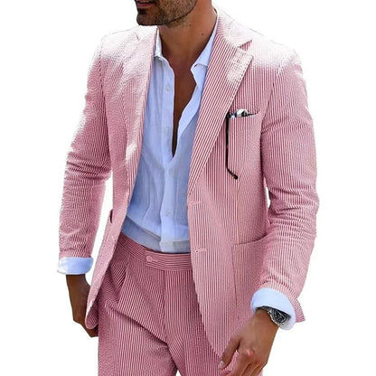 Summer Stripe Men Suits 2 Pieces Seersucker Notched Lapel Wedding Party Suit Jacket Pants Casual Blazer Slim Fit Suits for Men