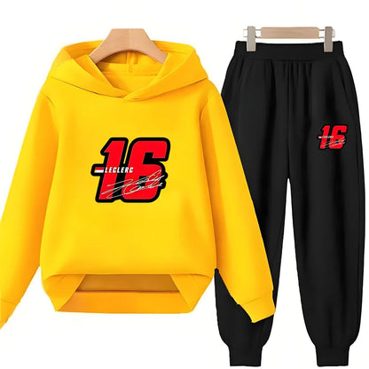 Children Hoodie Racing Sports driver number 16 Boys Girls Print Pullover 3-12Yrs Coat +Pants Toddler Clothes Leisure Black Set