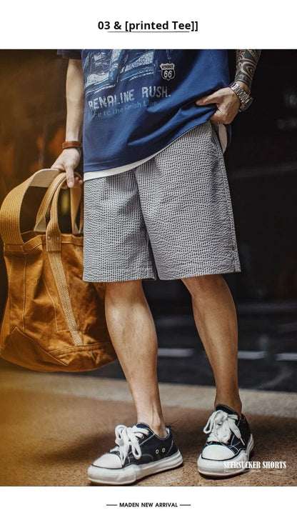 Casual Seersucker Checked Shorts Men's Summer Breathable Office Shorts Elastic Waist Pants Straight Leg Comfortable Bottom