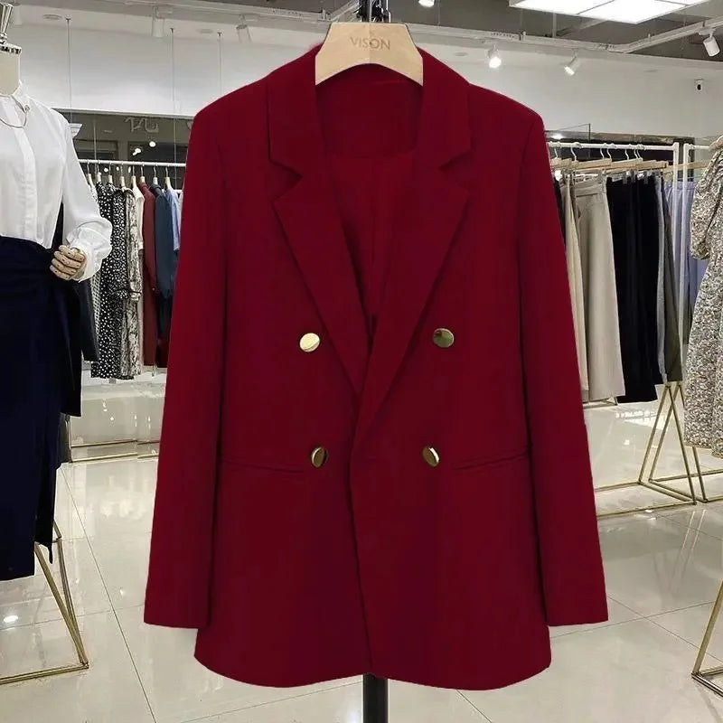Blazer Woman Autumn Spring Long Sleeve Double Breatsed Lapel Loose Coat Slim Casual Jackets Office Ladies Vintage Blazers