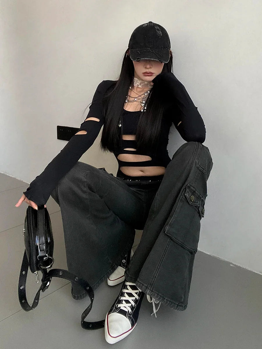 Acubi Fashion Black Flare Jeans Retro Whiskers Skinny Stretch Low Rise Pockets Cargo Pants Women Grunge Alt Streetwear