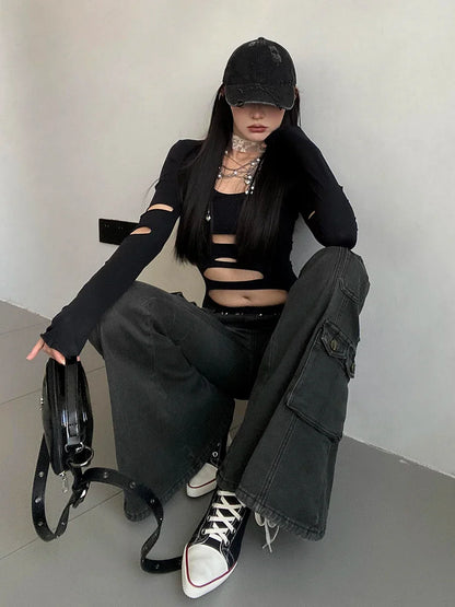 Acubi Fashion Black Flare Jeans Retro Whiskers Skinny Stretch Low Rise Pockets Cargo Pants Women Grunge Alt Streetwear