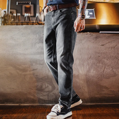 Men's Vintage 13oz Heavyweight Denim Jeans Washed Gray Straight Leg Tapered Pants Casual Trousers for Spring and Fall