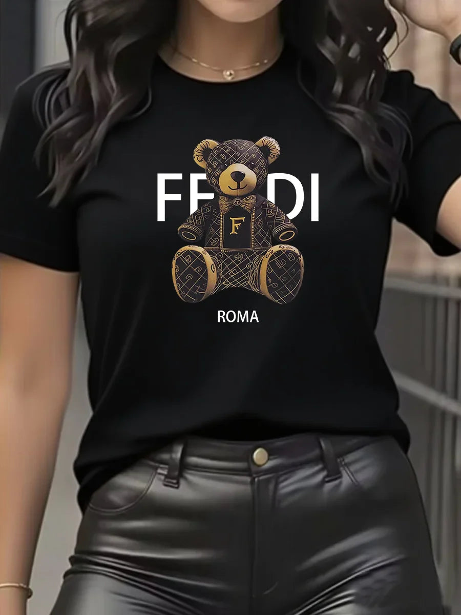 summer Graphic T-Shirt Short Sleeve Crew Neck with Soft Comfortable Spring Women's Light Blue Casual Teddy Bear