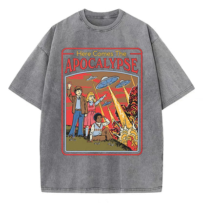 Here Comes The Apocalypse Ufo Washed Retro Men Clothing Oversized Quality Streetwear Fashion Cotton Tops Casual Loose T-Shirt