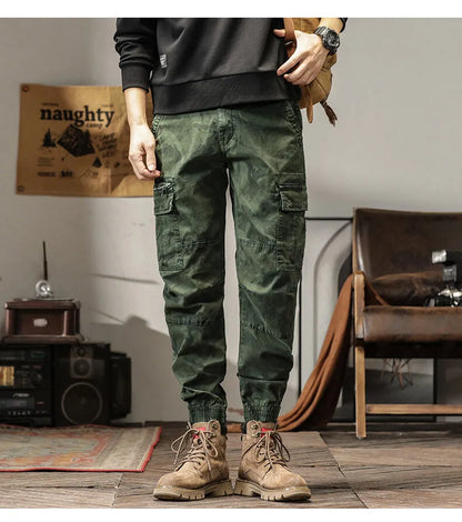 Length Men's Cargo Pant Cotton Stretch Casual Camouflage Trouser Male Camo Cuff Jogger Multi Zip Pocket Outfit Zipper Tied