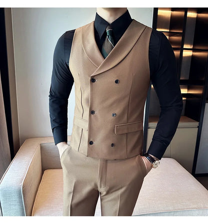 ( Vest + Pants) Men's Double-breasted Suit Vest 2 Pieces Set High Quality Business Casual Fashion Groom Wedding Dress Vest Sets