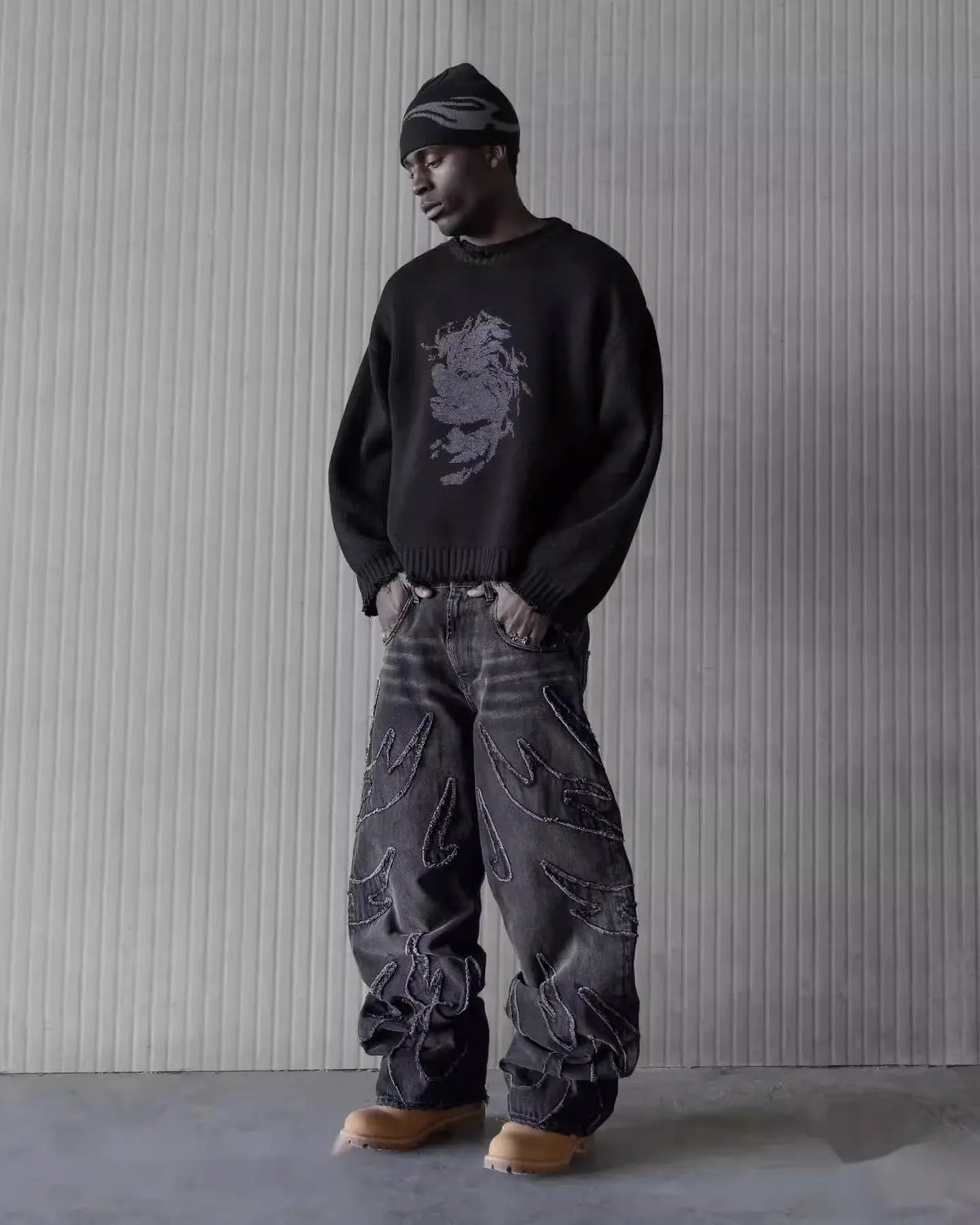Mens Jeans Y2K Vintage Streetwear Black Wide Leg Denim Pants Ripped Patchwork Raw Hem Distressed Loose Fit Dark Punk Fashion