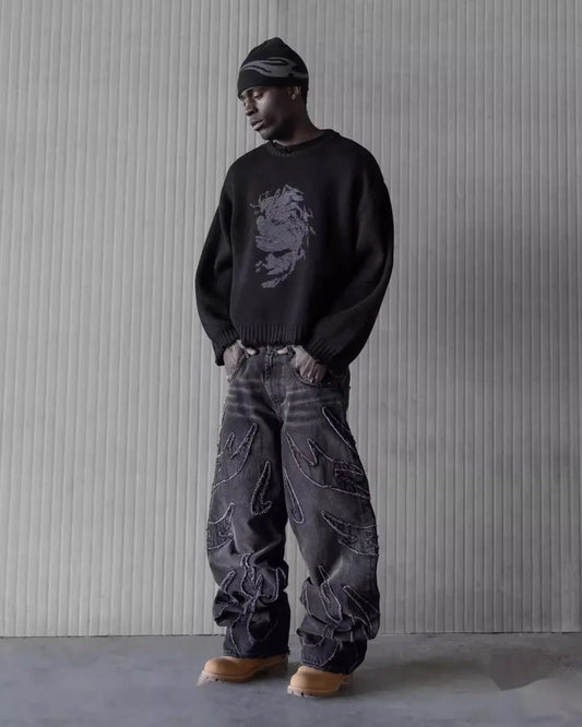 Mens Jeans Y2K Vintage Streetwear Black Wide Leg Denim Pants Ripped Patchwork Raw Hem Distressed Loose Fit Dark Punk Fashion