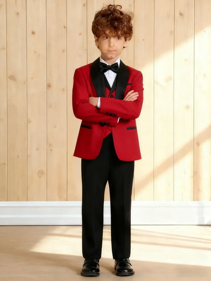Boys' Formal Red  Black Tuxedo Suit with Black Bow Tie Elegant Flower Boy Outfit Weddings Kids' Formal Events  Special Occasions