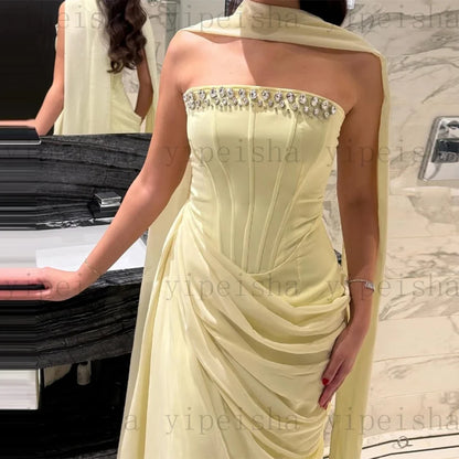 Customized Strapless Evening Dresses Pleat rhinestone Beading Draped Straight ProM Gown Modern Long Chiffon Backless Party Dress