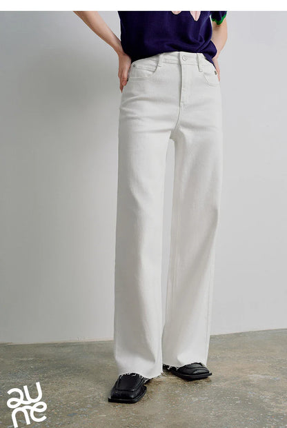Women Jeans 2026 Spring New Black Label Lycra Stretchy White Frayed Cuff Loose Wide-Leg Pants