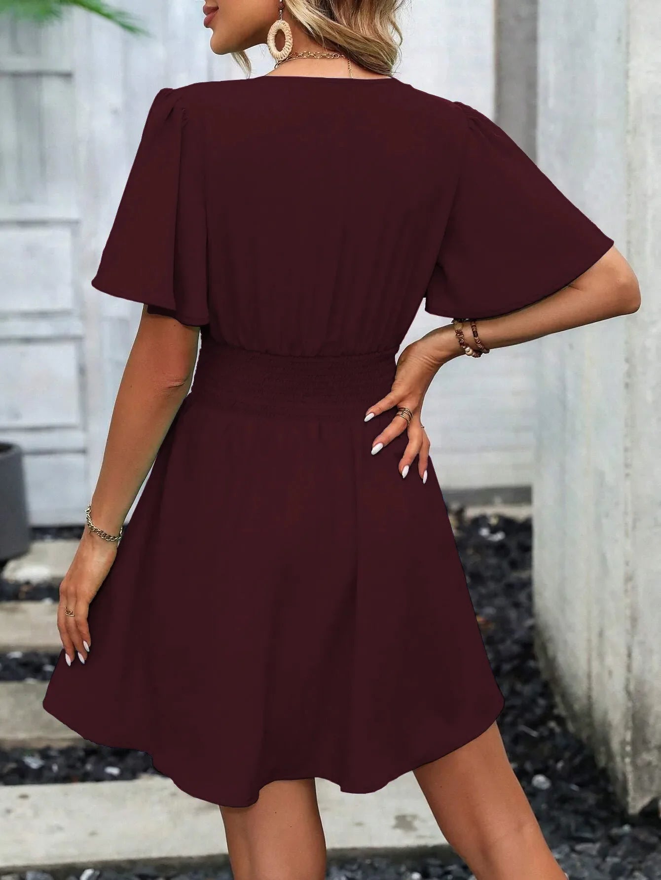 2025 New Summer Deep V-Neck Smocked Ruffled Sleeves Bodycon Dress Women French Retro Style Solid Color Short Long Midi Maxi Dres