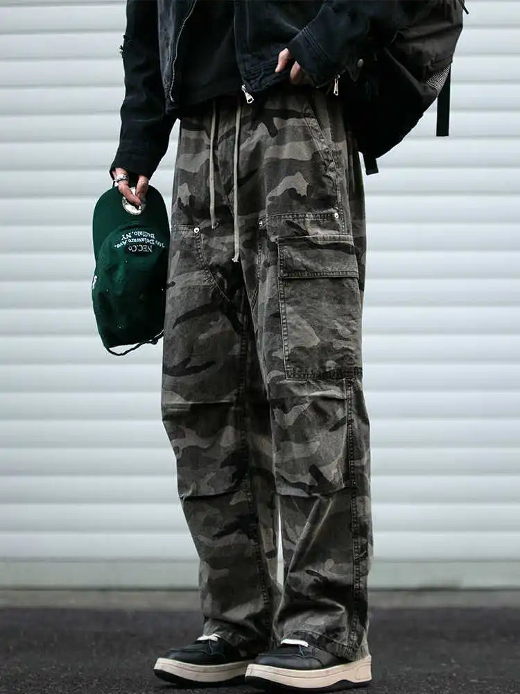 American Tactical Cargo Pants Men Heavyweight Cotton Loose Fit Straight Leg Camouflage Vintage Washed Outdoor Streetwear Premium