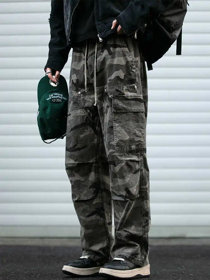 American Tactical Cargo Pants Men Heavyweight Cotton Loose Fit Straight Leg Camouflage Vintage Washed Outdoor Streetwear Premium