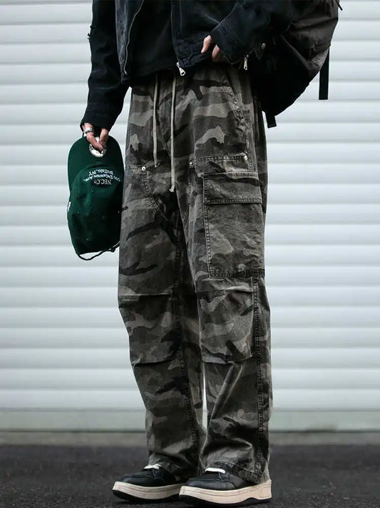 American Tactical Cargo Pants Men Heavyweight Cotton Loose Fit Straight Leg Camouflage Vintage Washed Outdoor Streetwear Premium