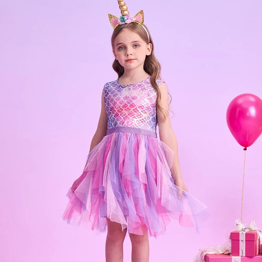 VIKITA Kids Summer Sleeveless Dresses Girls Mermaid Dress Girls Birthday Party Tutu Mesh Mesh Layered Dresses Kids Clothes 3-8Y