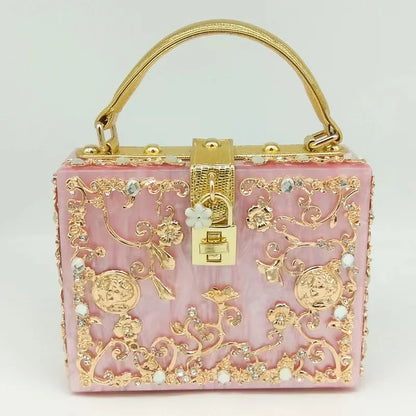 Luxury Designer Shimmer Acrylic Box Glitter Rhinestones Diamond Evening Bag Wedding Party Clutch Purse Shoulder Messenger Bag
