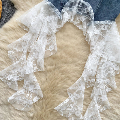 Lace Splice Denim Tops Female Strapless Sleeveless Elastic Slim Fit Camsiole Summer Streetwear Irregular Tank Tops