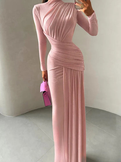 Folds Maxi Dress Women O-Neck Full Sleeve Solid Banquet Elegant Vacation Fashion Autumn Skinny Casual Simple Vestido