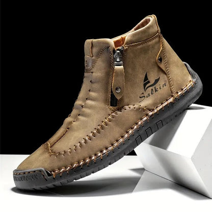 Men's Hand-Sewn High-Top Boots, Fashionable Side-Zip Casual Shoes, All-Season Outdoor Boots, Large Size Men's Shoes, Comfortable Bare Boots