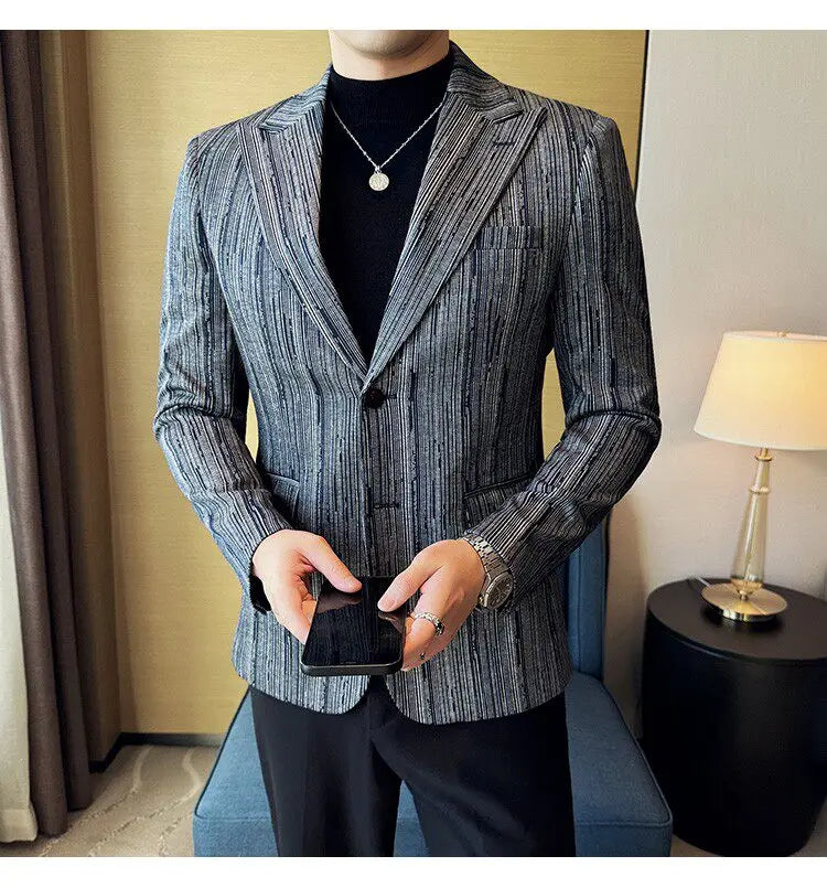 Fashion Meteor Line Checkered Elegant Suit Jacket Men Fashion De Luxe Business Slim Fit Single Breasted Social Party Dress Coats