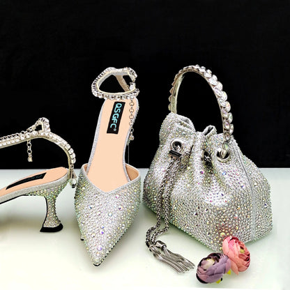 New Gold Glitter Fabric Pointed Toe High Heels With A Variety Of Shapes Of Rhinestones Fashion Party Ladies Shoes And Bag