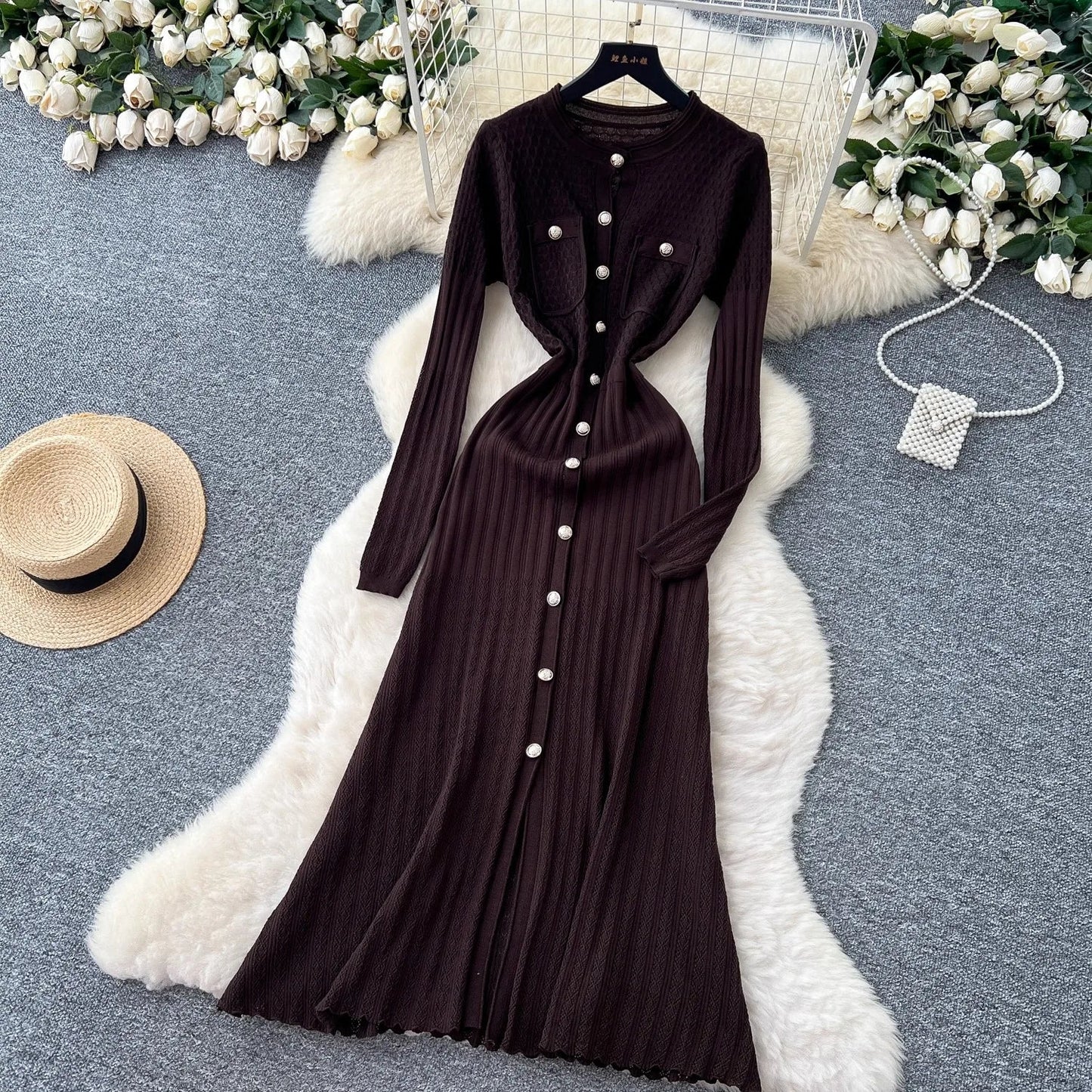 Brand Fashion Aesthetic Patchwork Knitted Maxi Dress Autumn Winter Women Luxury Shirt Sweater Dress Office Lady Vestido