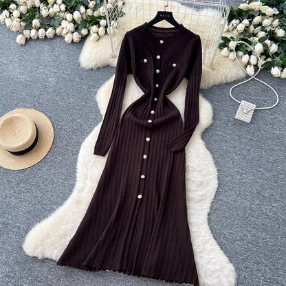 Brand Fashion Aesthetic Patchwork Knitted Maxi Dress Autumn Winter Women Luxury Shirt Sweater Dress Office Lady Vestido
