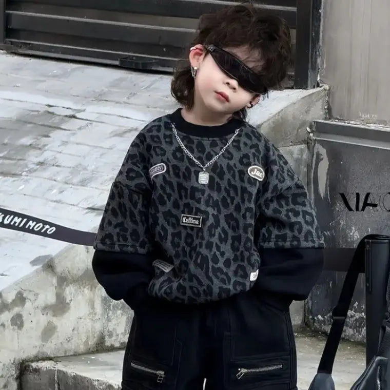 Boys Korean 2026 Autumn Winter New Children's Woolen and Velvet Leopard Print Patchwork Hoodie+one-piece Velvet  Jeans 2pcs Set