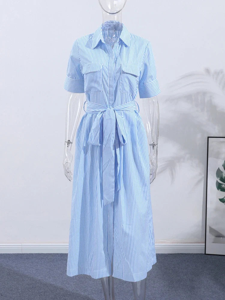 Elegant Women's Striped Long Dress Summer Lace Up Turn-Down Collar Single-breasted Blue A-line Dresses 2026 Lady Holiday Robes