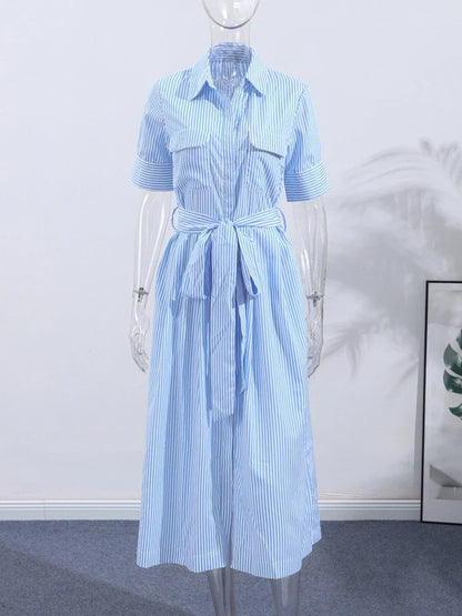 Elegant Women's Striped Long Dress Summer Lace Up Turn-Down Collar Single-breasted Blue A-line Dresses 2026 Lady Holiday Robes