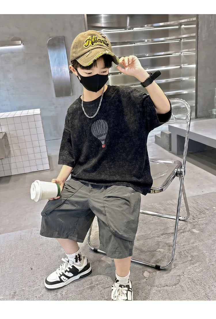 Fashion Boys Summer Outfit T-shirt Shorts Sports Set Children Top and Bottom Tracksuit Set Kids Casual Cotton Sportswear 5-14Y