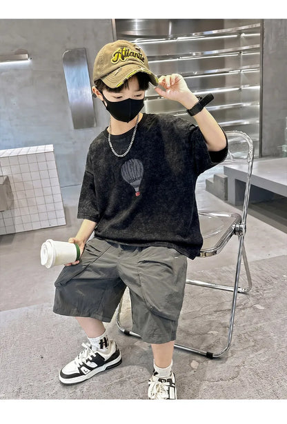 Fashion Boys Summer Outfit T-shirt Shorts Sports Set Children Top and Bottom Tracksuit Set Kids Casual Cotton Sportswear 5-14Y